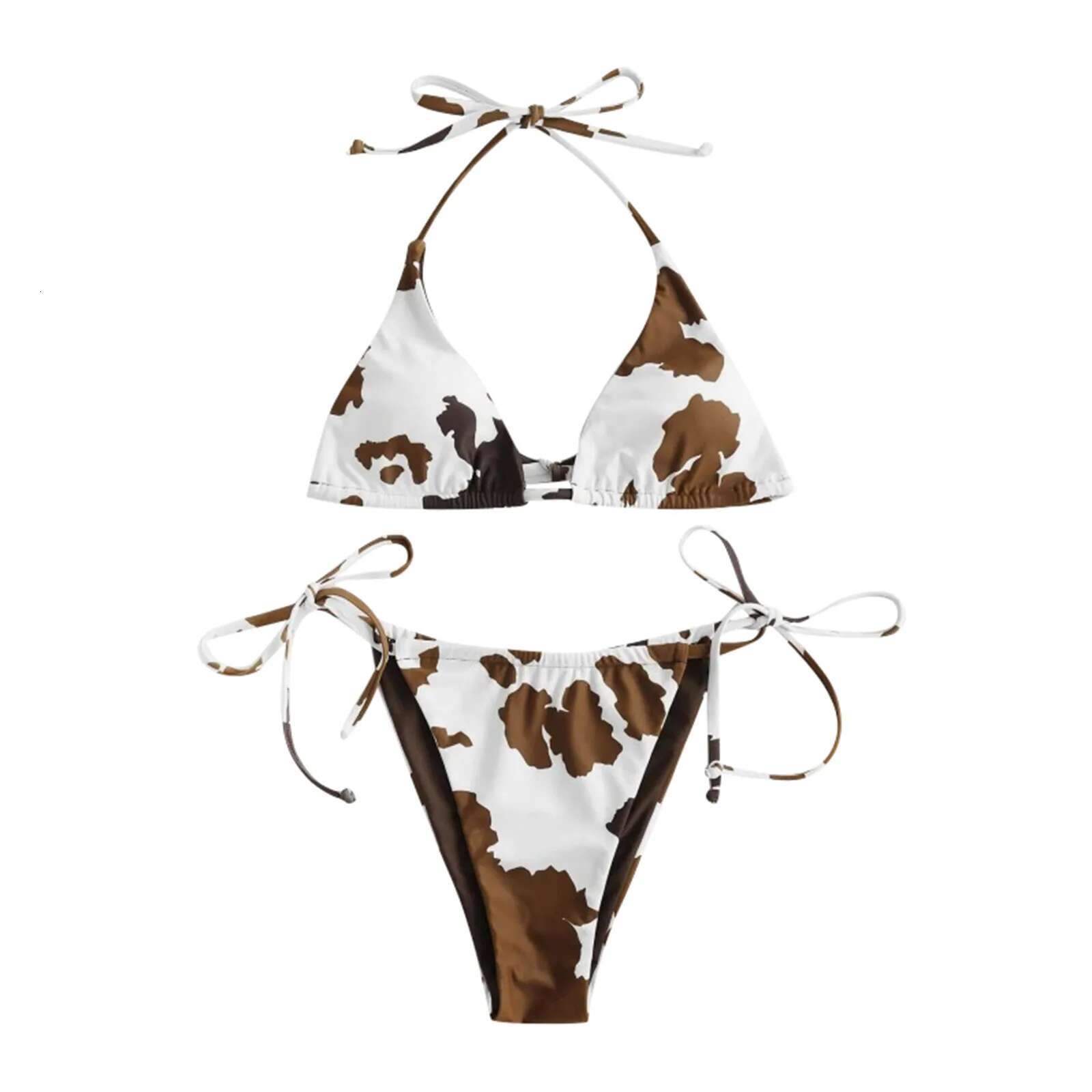 Ladies Cow Printed Suit Hanging Neck Low Waist Side Lace Up Three-point Split Bikini Swimsuit Sexy Bathing Suits