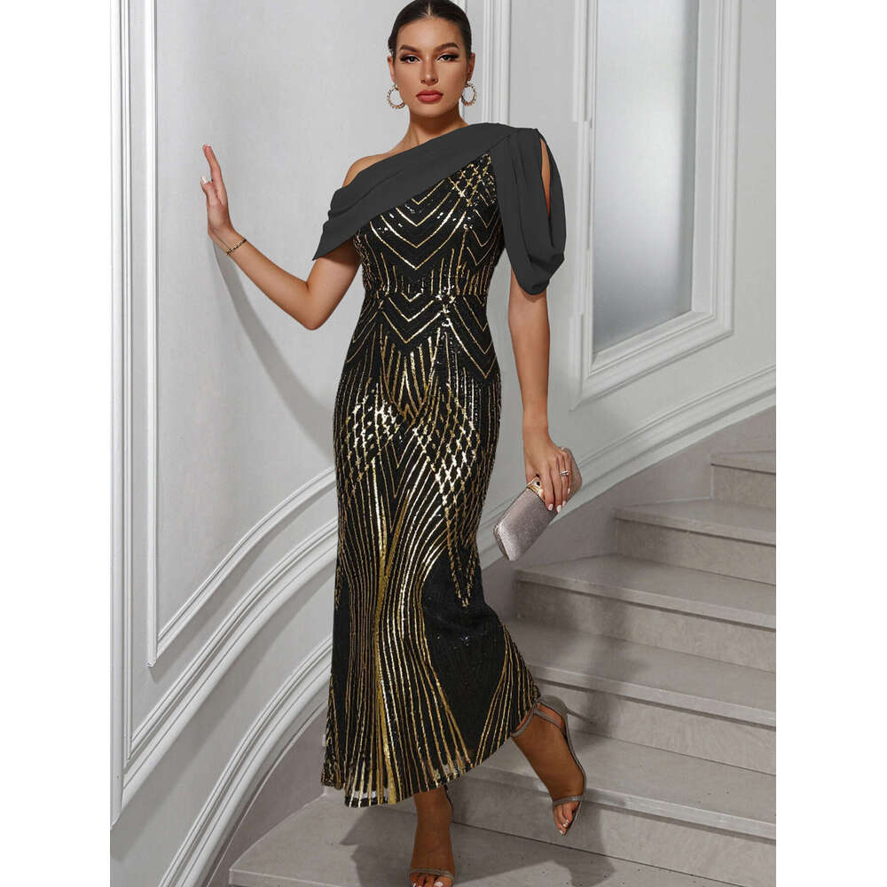 Women's Fashion SEXY DRESSES FOR WOMEN One-Shoulder Chiffon Patchwork Sequin Night club maxi dress Gown