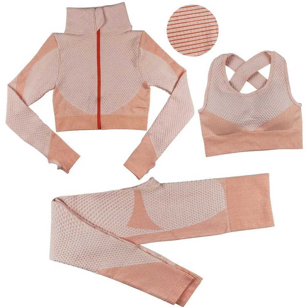 Seamless zipper striped fitness suit womens autumn and winter sports pants long sleeved bra three piece yoga setW250411