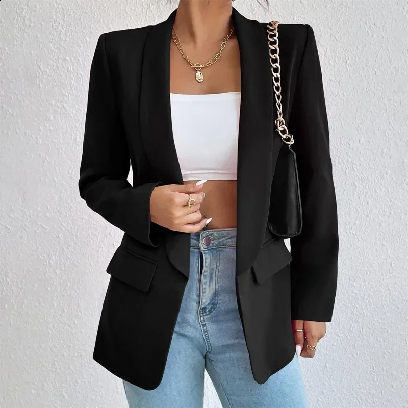 Spring womens solid polyester cotton non stretch long sleeved office jacket fashion outerwear 250407