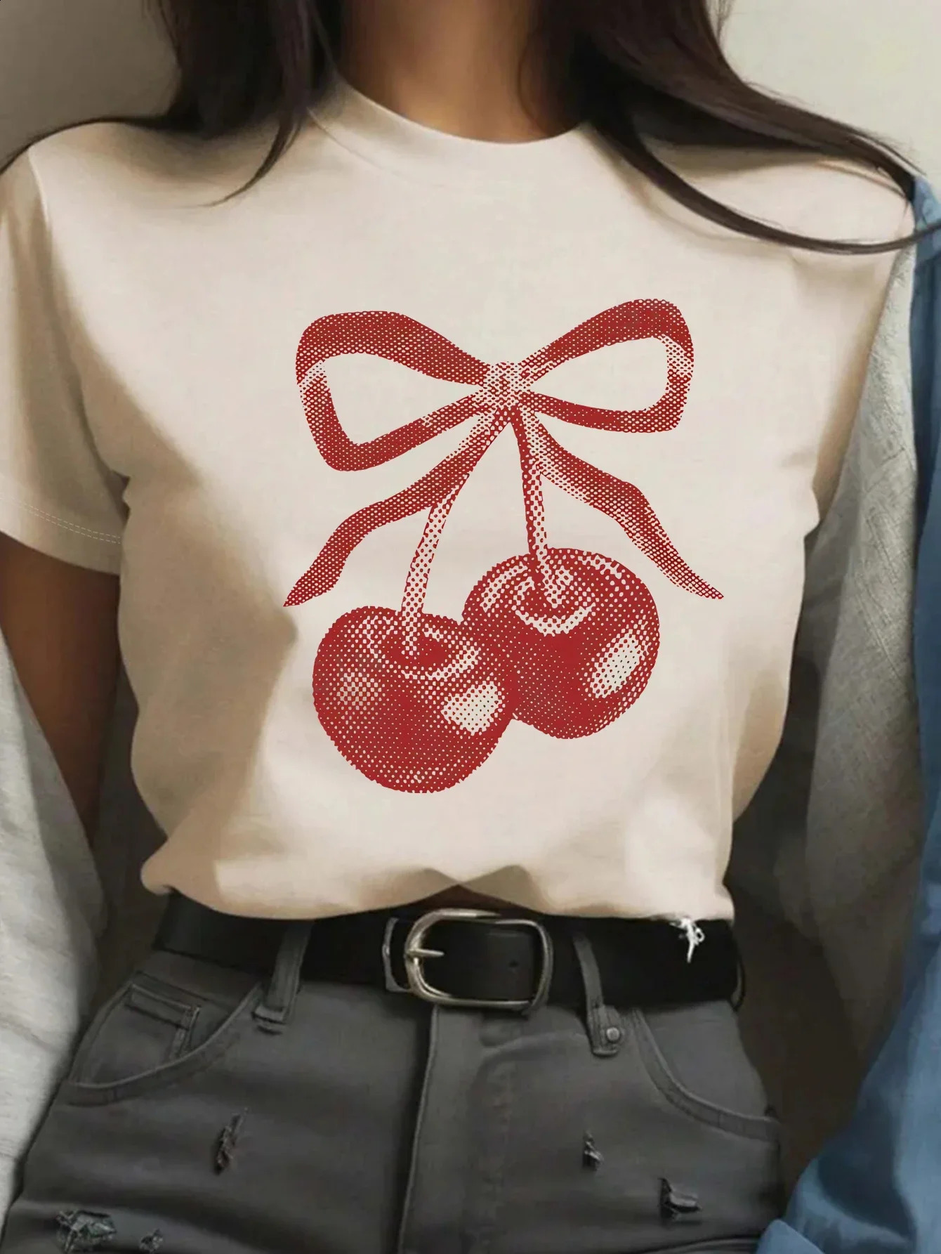 Summer Casual All-Match T-Shirt With Cherry Bow Print Pattern 250410