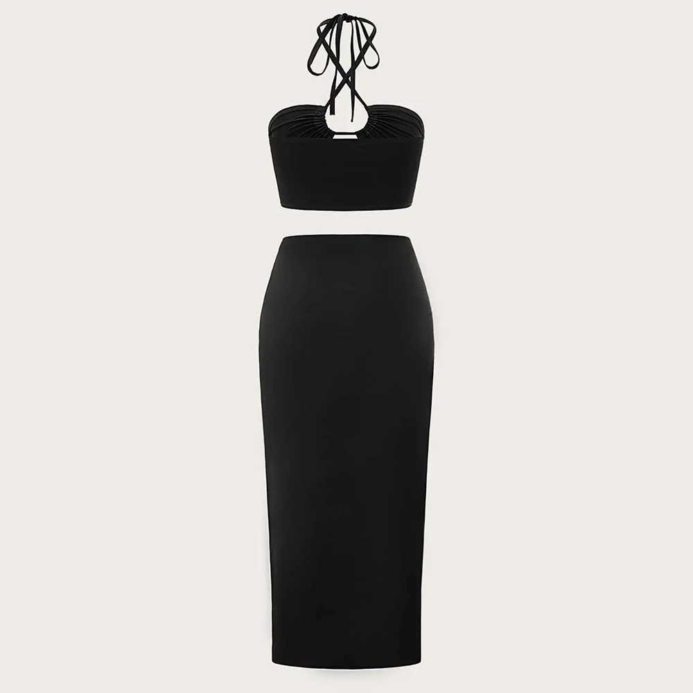 Mia Muse summer slim fit foldable lace upper and lower shoulder straps pendant neck cut high waisted long skirt casual setW250411
