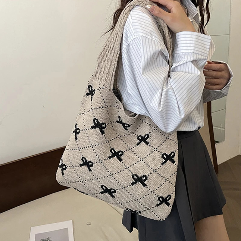 Butterfly knot knitted womens bag ecofriendly Korean folding shopping Y2K crochet rope shoulder Sweet handbag Ins 250401