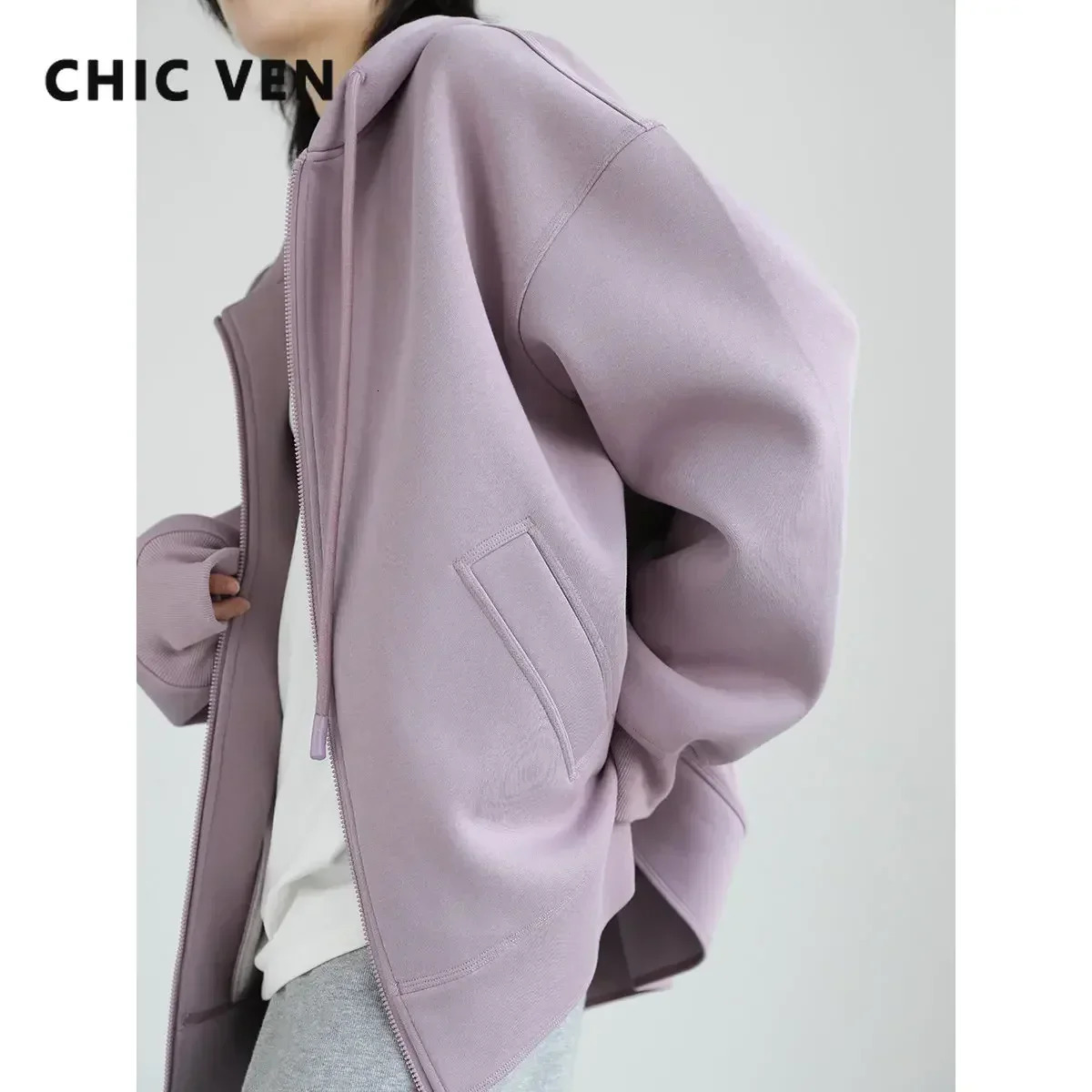 CHIC VEN Women Sweatshirts Hoodies Solid Loose Casual Hooded Female Tops Lady Coat Medium Length Overcoat Spring Autumn 251105