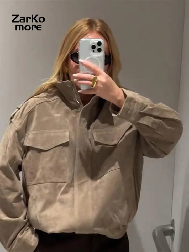 Fashion Loose Khaki Suede Jacket Women Lapel Zipper Long Sleeve Pockets Coat Female Spring Autumn Vintage High Street Tops 251106