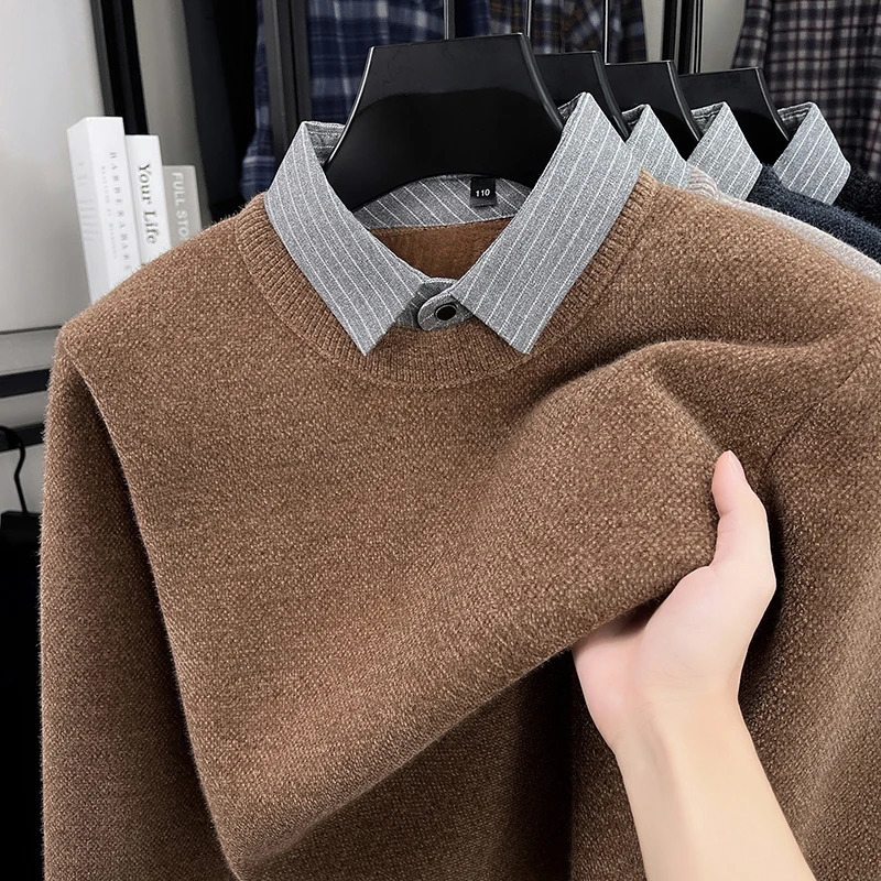 2025 Autumn and Winter Fashionable Mens Business Wear with A Lapel Lined Sweater An Inner Knitted Shirt 251104