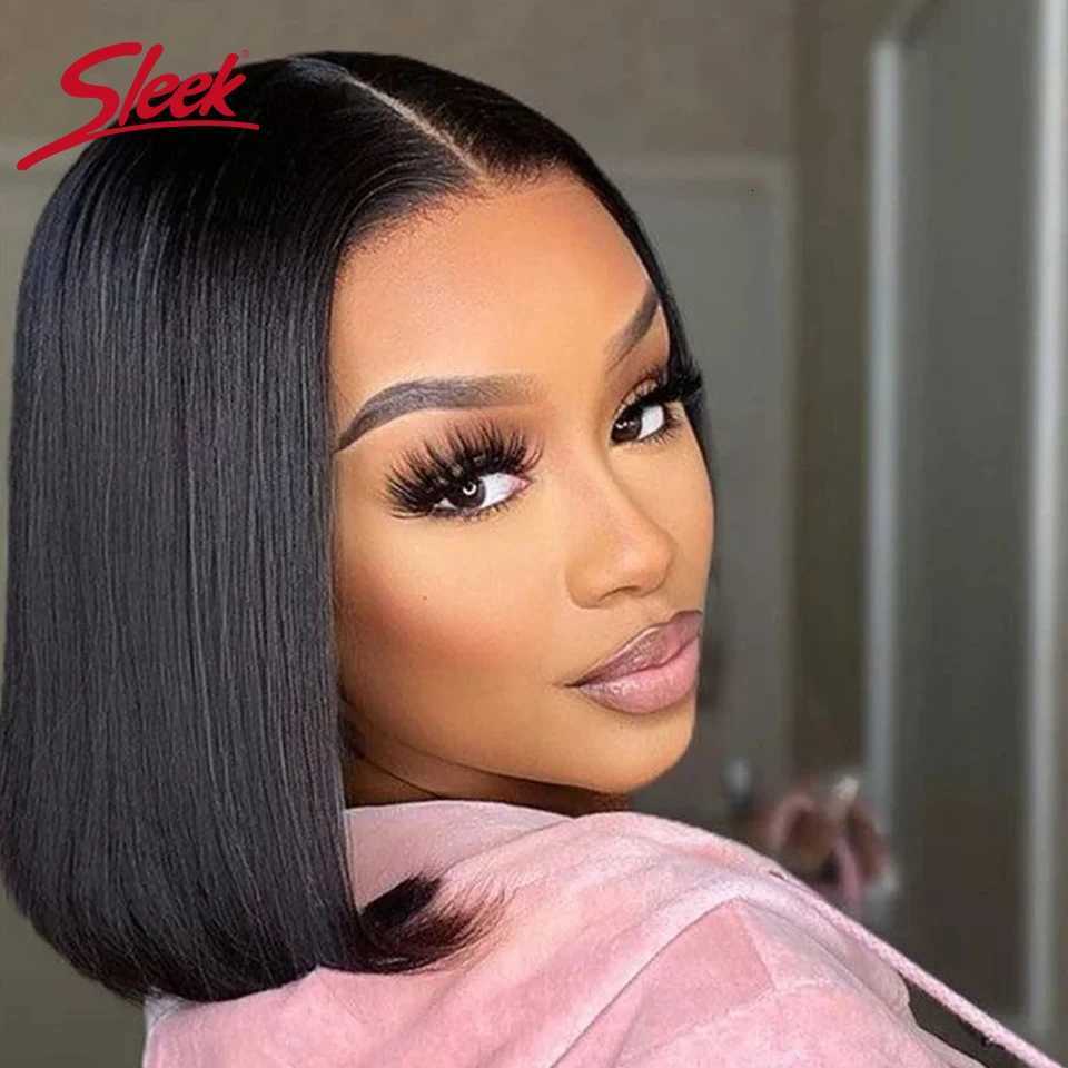 Brazilian Straight Lace Bob Wigs Sleek Short Lace Part Human Hair Wigs 200 Density Cheap Nature Remy Black Dark Hair WigsT251111