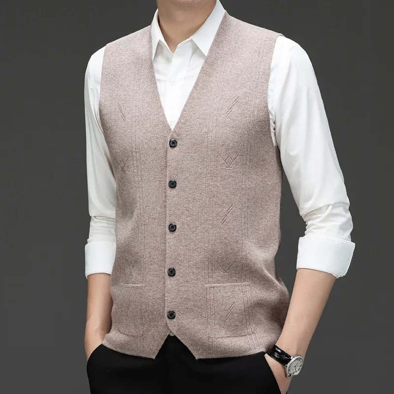 2024 Warm Knit Vest Button Fashion Vneck Sleeveless Sweater Autumn Tops Thick Mens Western Casual Suit Business 251104