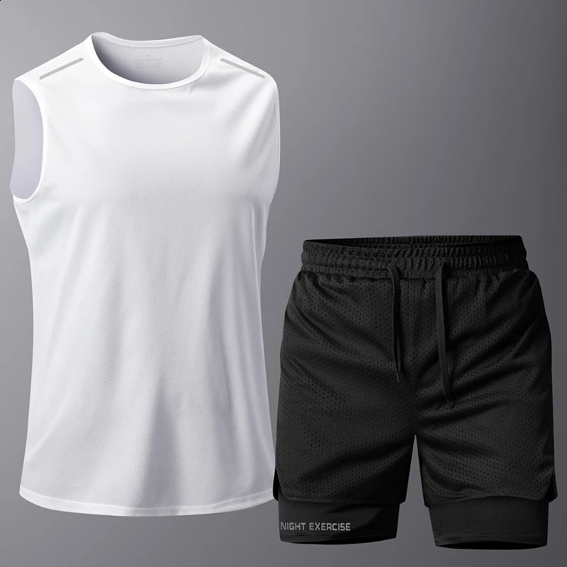 Mens twopiece sportswear summer breathable quick drying gym fitness set running sleeveless Tshirt shorts 250411