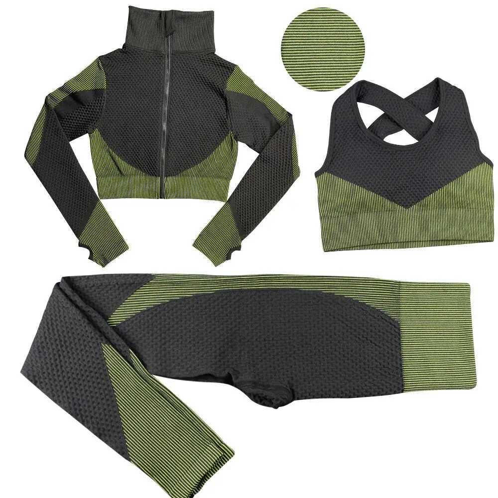 Seamless zipper striped fitness suit womens autumn and winter sports pants long sleeved bra three piece yoga setW250411