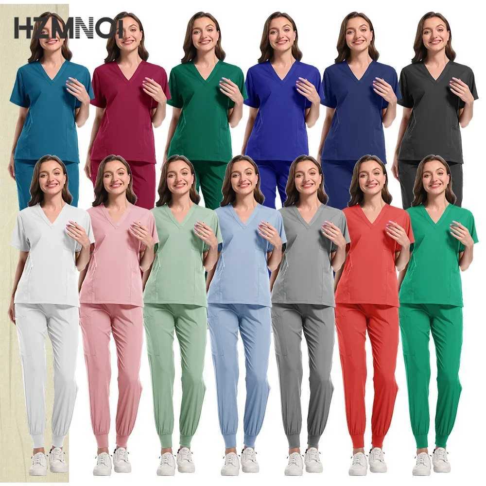 Scrubs Uniform Suit Short Slve V-neck Tops+jogger Pants Set Nursing Uniform Women Multicolor Pet Doctor Scrub Medical Workwear X2504101