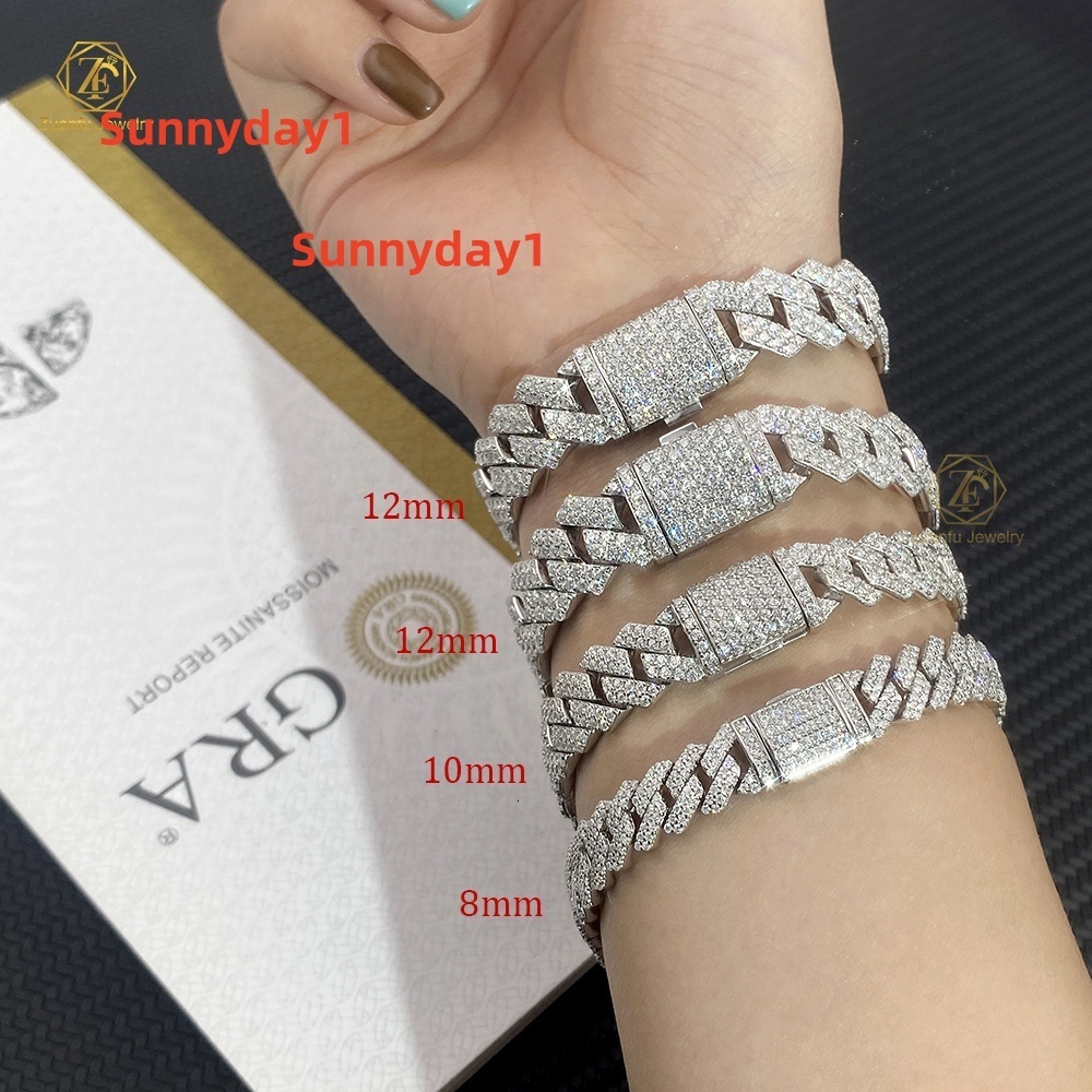 Factory Price 8mm 10mm 12mm Width 2 Rows 925 Solid Silver Iced Out Hip Hop Jewelry Moissanite Cuban Link Chain Bracelet for Men