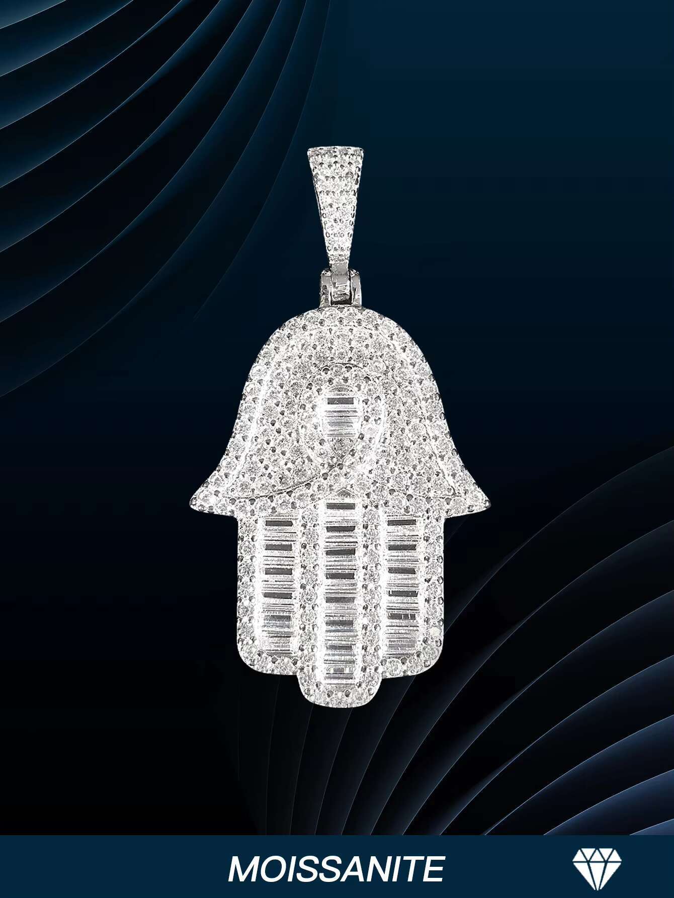 925 Sterling Silver Iced Out Moissanite Hamsa Hand Pendant Unisex 18K Gold Plated Hip Hop Style Gift for