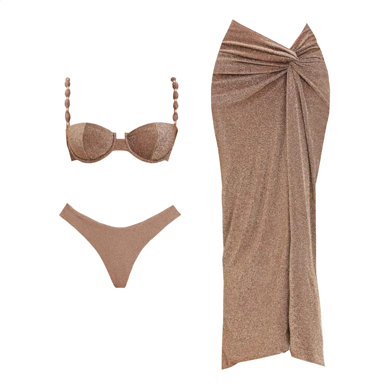 3Pcs Push Up Swimsuit With Long Skirt Sexy Women Swimwear Female Bikini V Neck Swimming Suit Shiny Bodysuit Beachwear Cover Up 250410