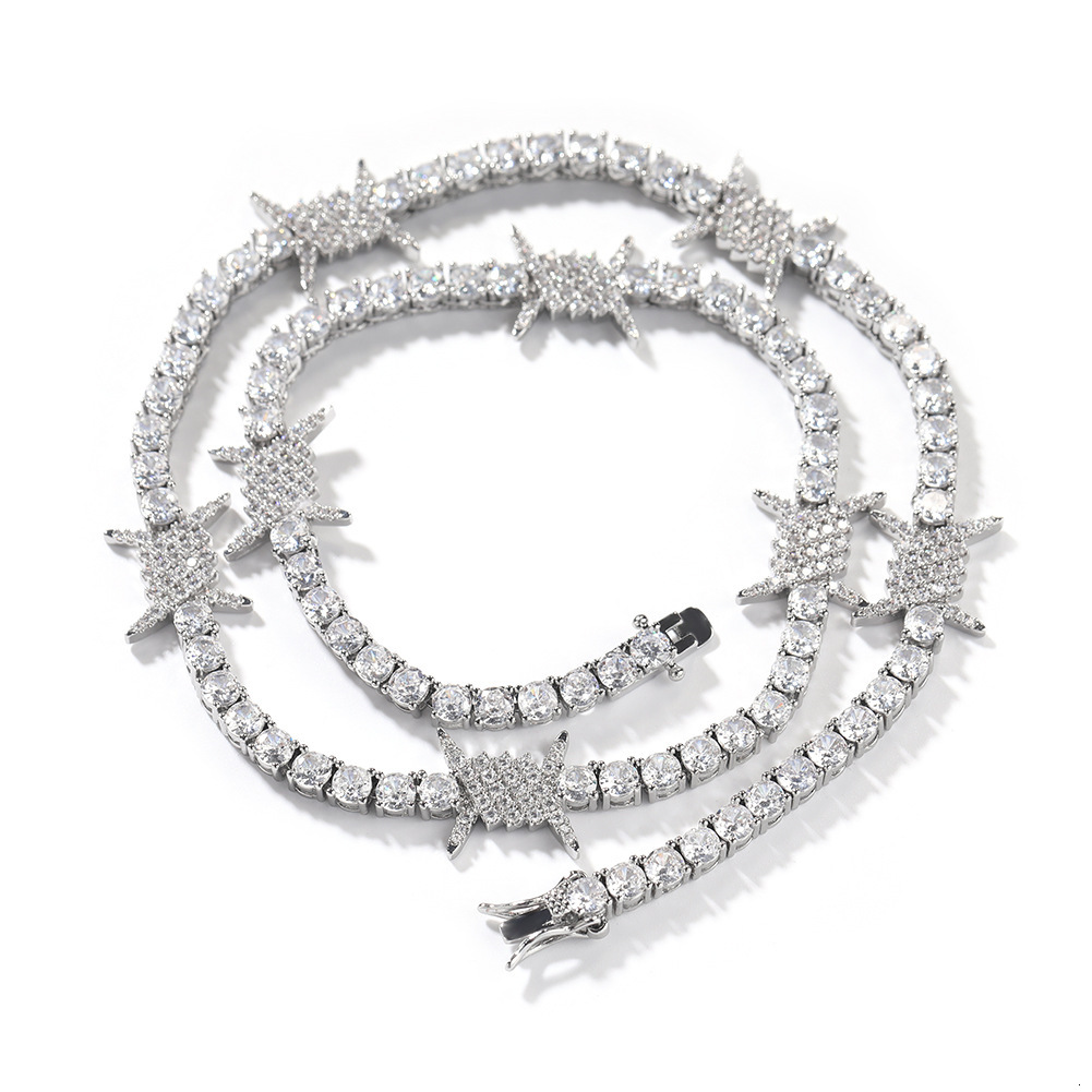 Hip Hop Full Bling Cz Stones Barbed Wire Thorn Tennis Necklace For Men 14k Gold Plated Copper Prong Iced Out Cubic Zircon Party Rapper Jewelry Accesso