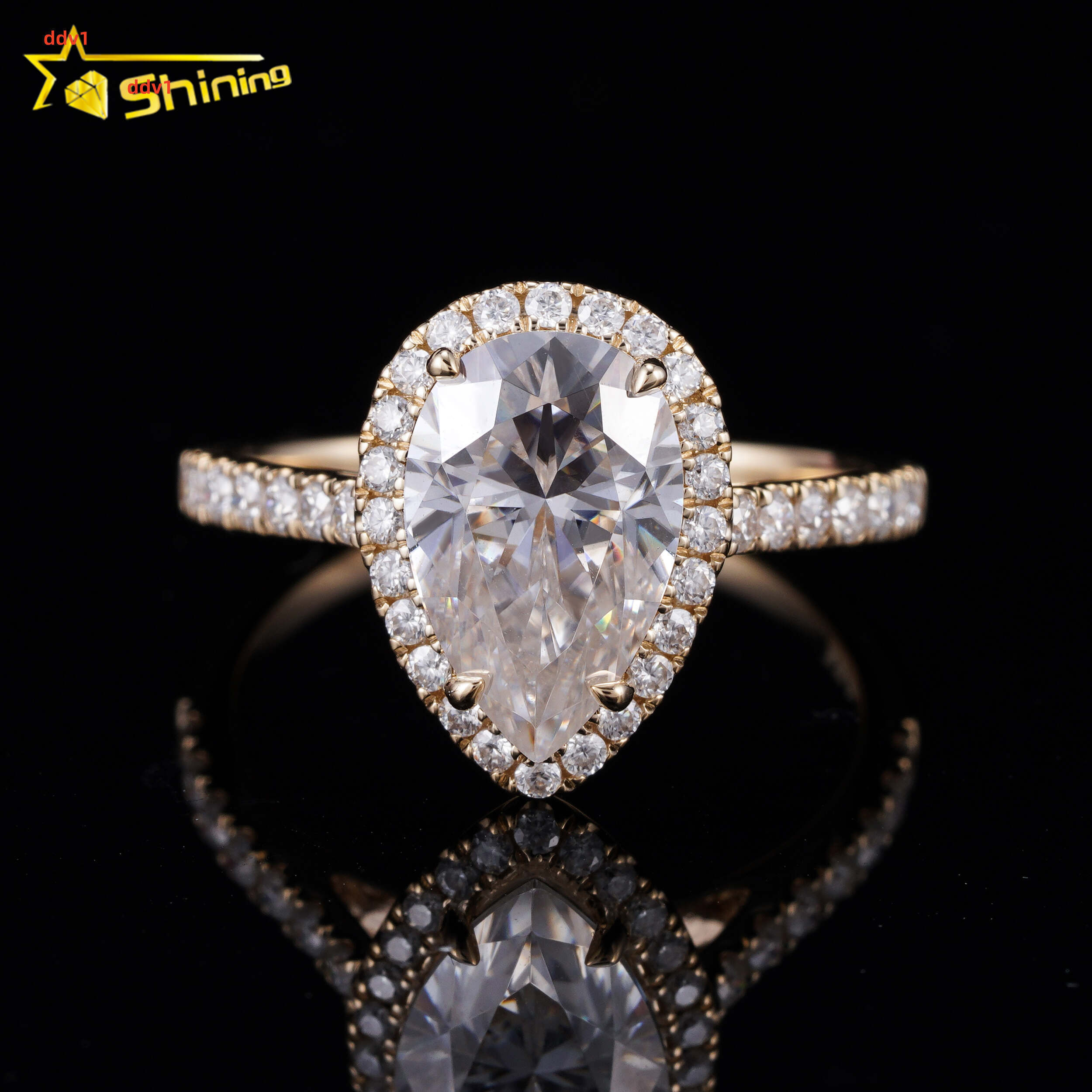 Shining Jewelry 14K Solid Gold 7x11MM 3CT Halo Pear Moissanite Engagement Ring Custom Women Fine Wedding Rings