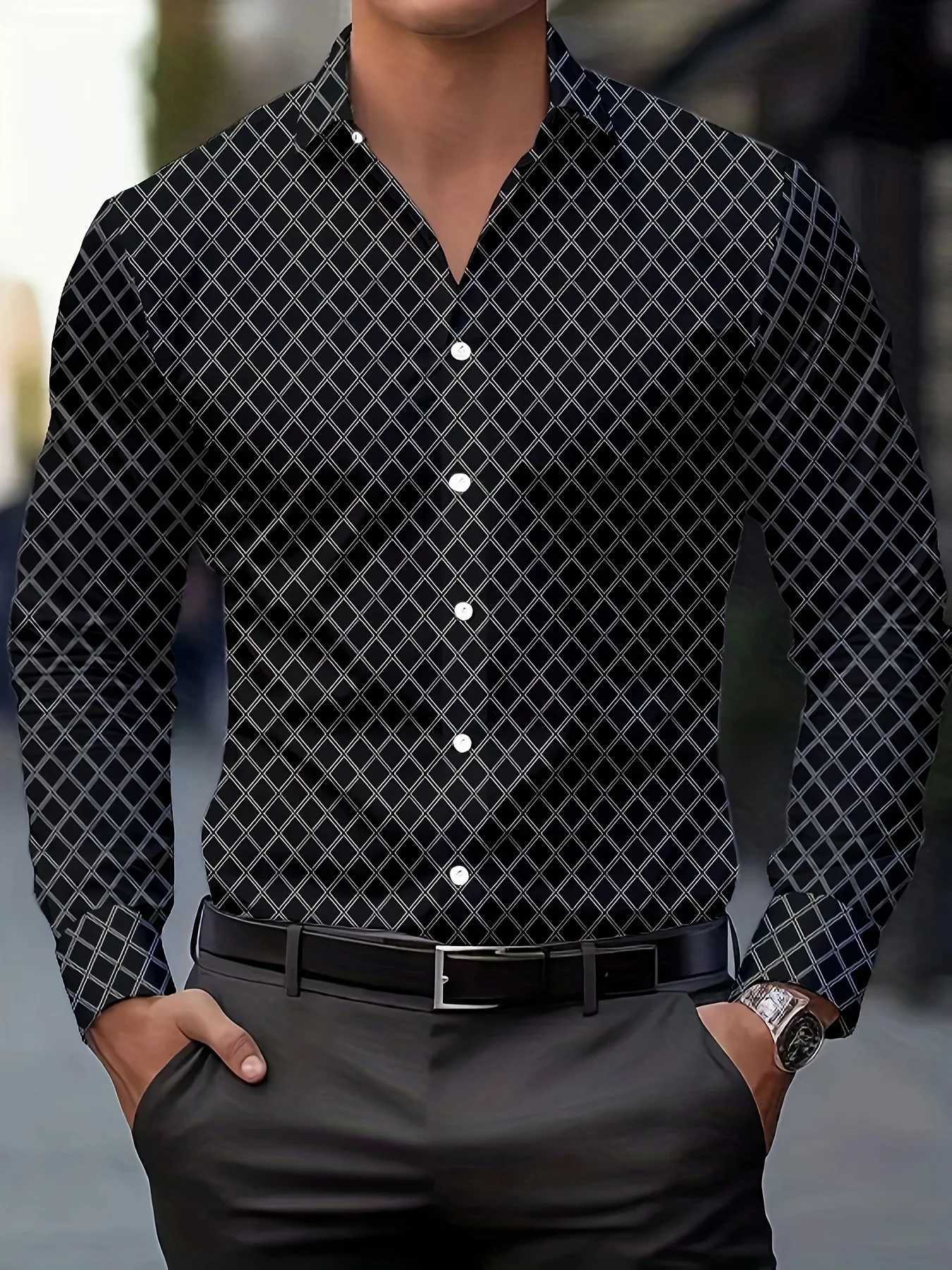 Mens Geometric Pattern Print Lapel Collar Design Dress Shirts Long Sleeve shirt Casual Button Up Shirt For Formal Occasions K251110