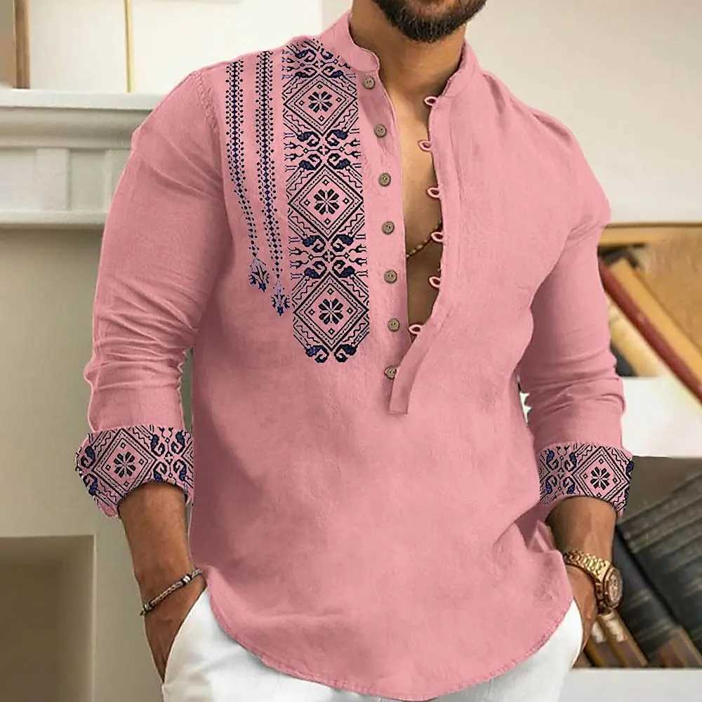 2025 Mens Art Printed Fashion Spring And Summer Long Sleeved Linen Shirt Button Comfortable Fabric Street Trend Roupa Masculina K251110