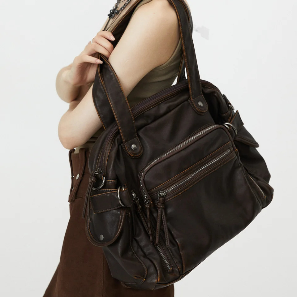 Retro tote bag motorcycle soft PU leather large capacity shoulder Y2K punk multi pocket crossbody 251110