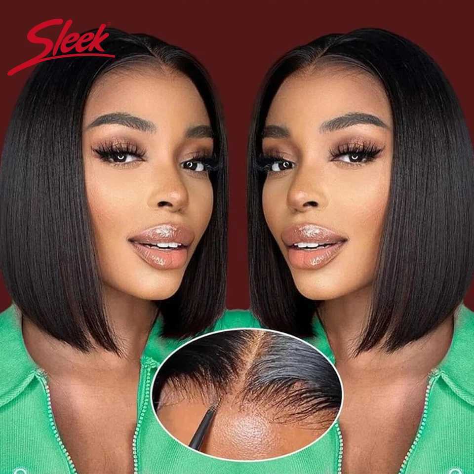 Brazilian Straight Lace Bob Wigs Sleek Short Lace Part Human Hair Wigs 200 Density Cheap Nature Remy Black Dark Hair WigsT251111