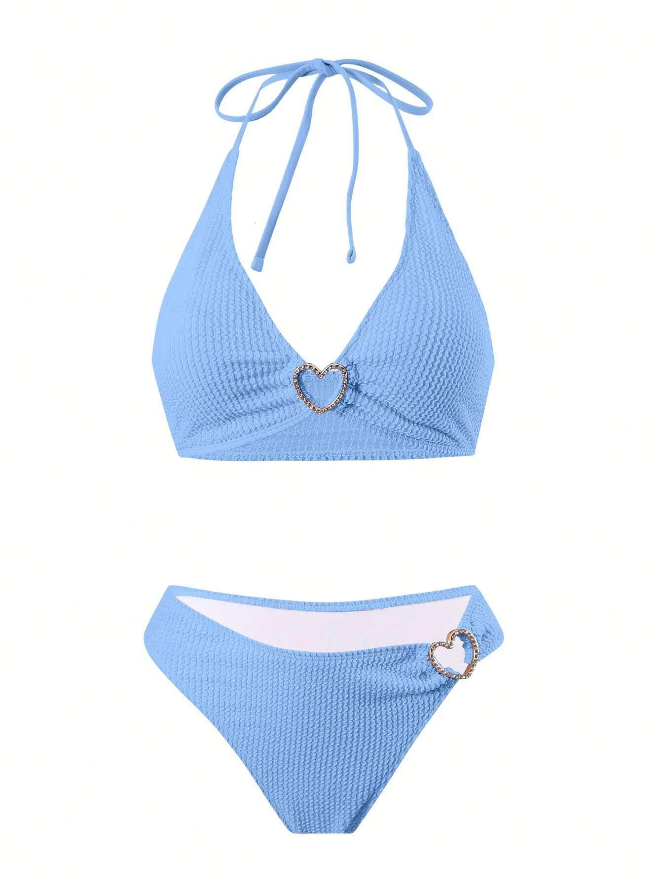 Solid color women's hot spring bath neck tie, split swimsuit, heart-shaped hollow two-piece set bikini
