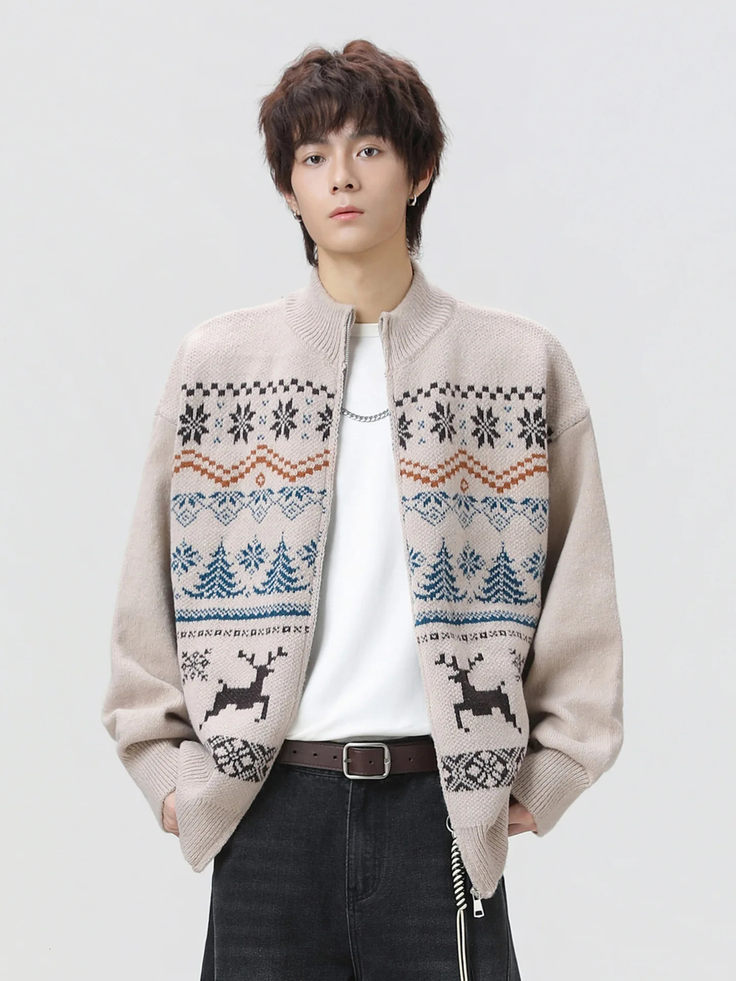 Fair Isle Zip Cardigan Mens Textured Jacquard Knit Sweater Retro Stand Collar Pullover Unisex Christmas Gift For Autumn Winter 251030