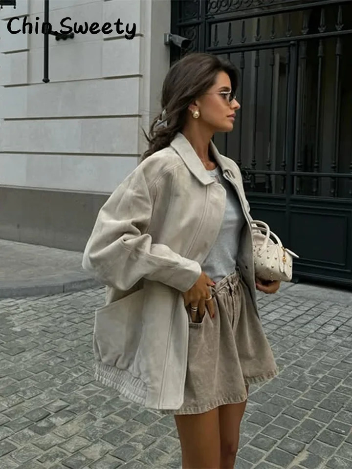 Casual Suede Ruched Jackets Women Solid Loose Lapel Full Sleeve Zipper Jacket Female Autumn Lady High Street Coats 251106