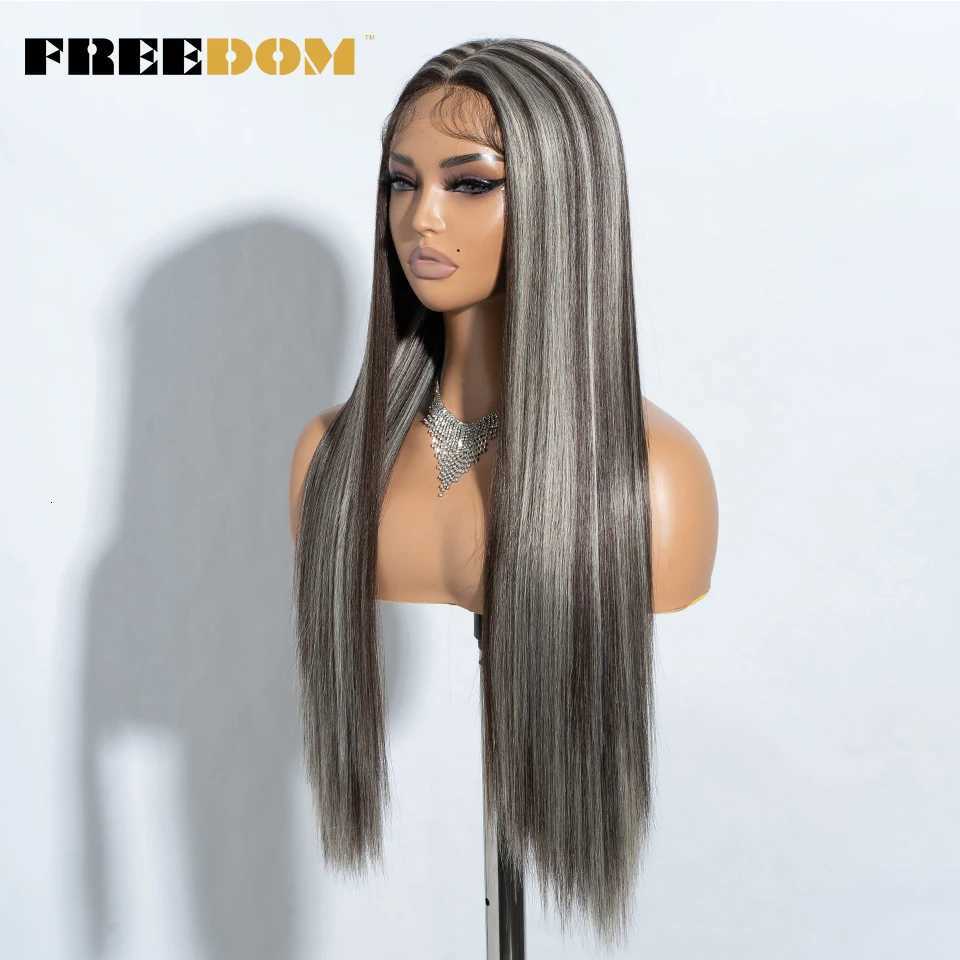 FREEDOM Synthetic Lace Front Wigs For Black Women Straight Wig With Baby Hair 30 inch Blonde Blue Piano Color Cosplay WigsT251111