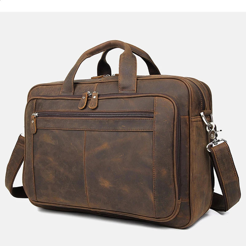 High quality genuine leather mens briefcase business bag Crazy Horse large 17 inch notebook combination office 250409