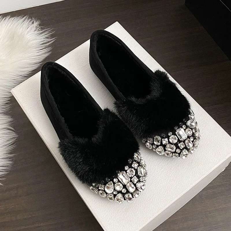 Glitter Rhinestone Ladies Plush Flat Shoes Female Cozy Crystal Decorate Loafers Winter Warm Walking Driving Shoes Casual 251110