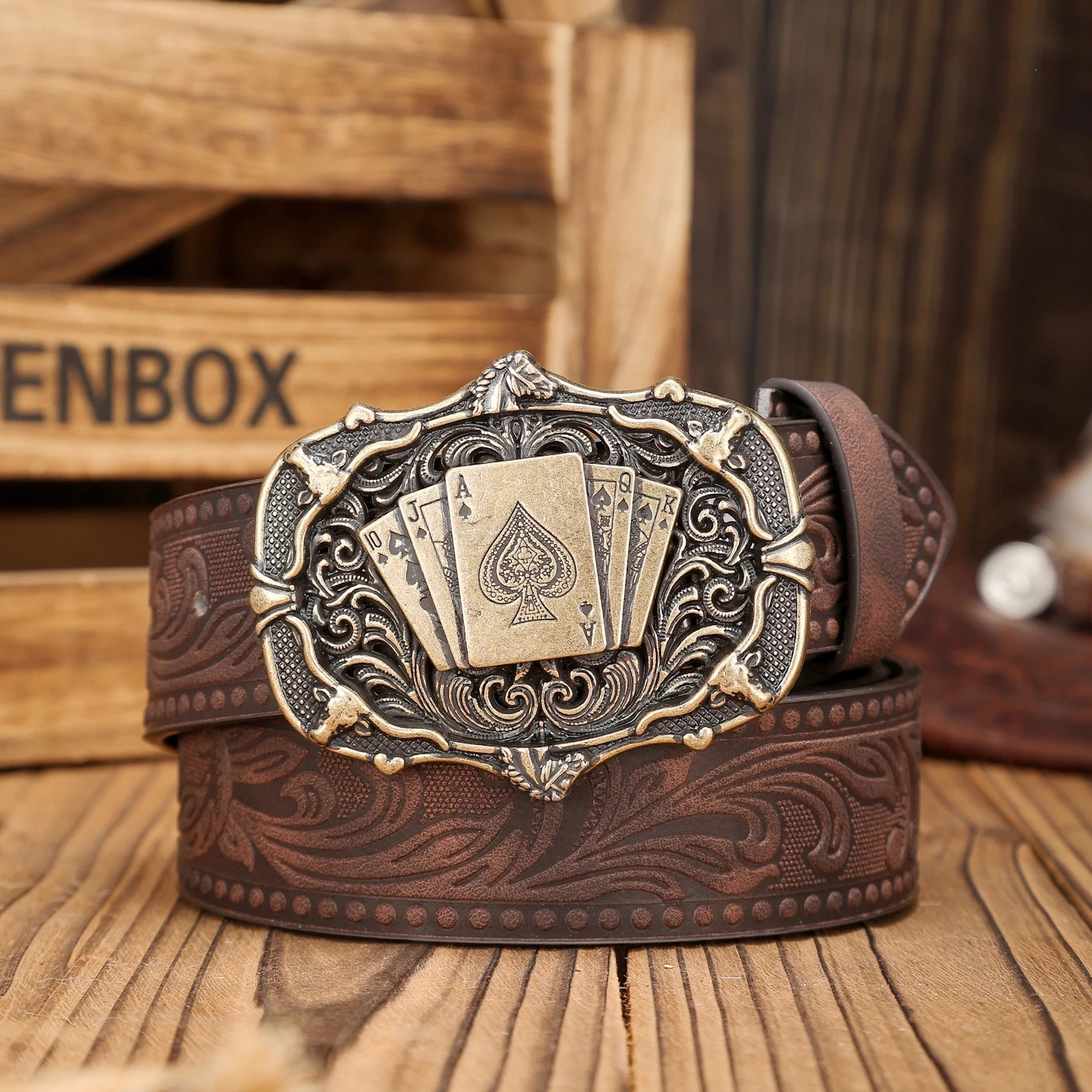 A Westernbuckle PU belt suitable for both men and women a unique retro brown with perforated nails included 251031