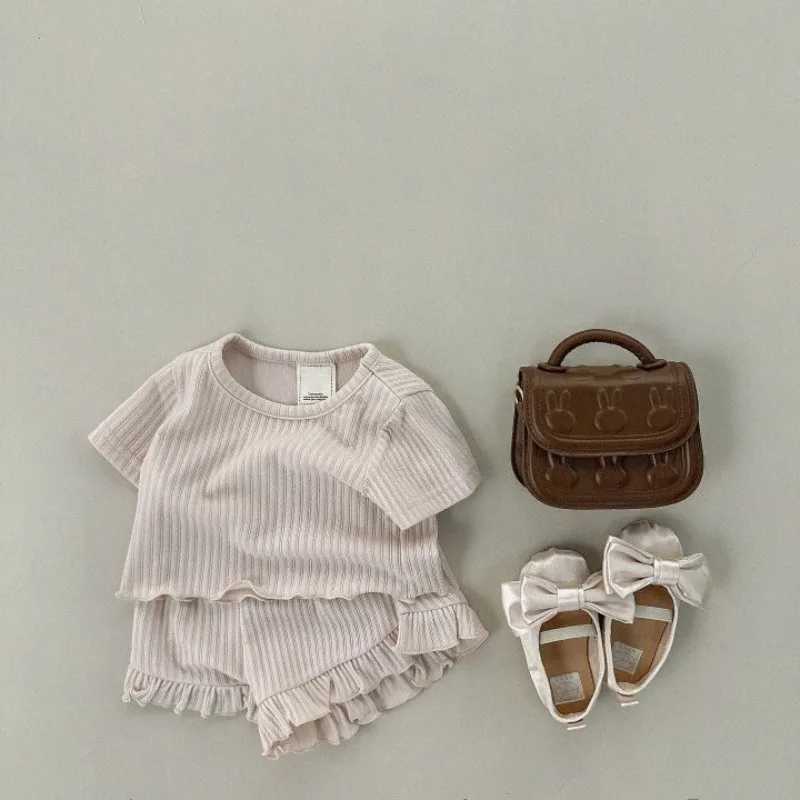 Baby girl summer pajamas set Korean sled family wearing pleated short sleeved T-shirt+shorts 2 childrens pure cotton dressesXJ250410