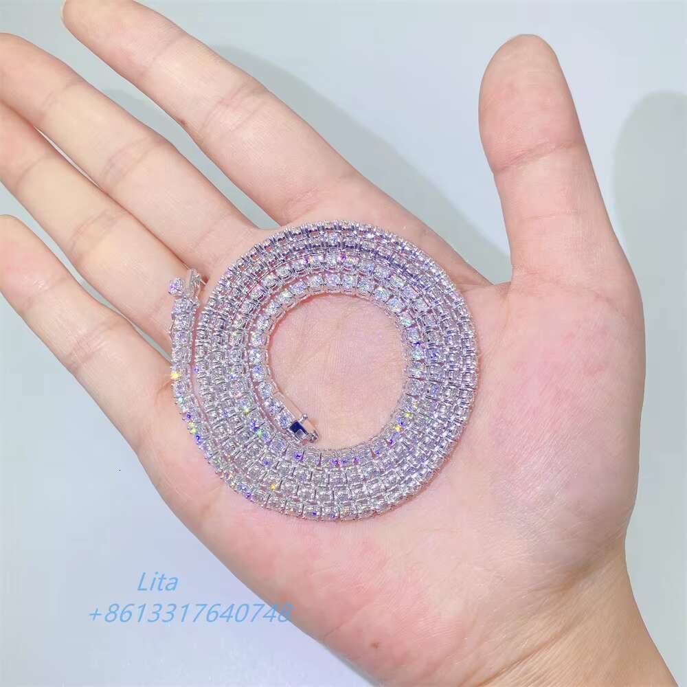 Custom High Quality Iced Out Bling Pass Diamond test 10k White Gold 3mm Moiassanite Diamond Tennis Chain Necklace