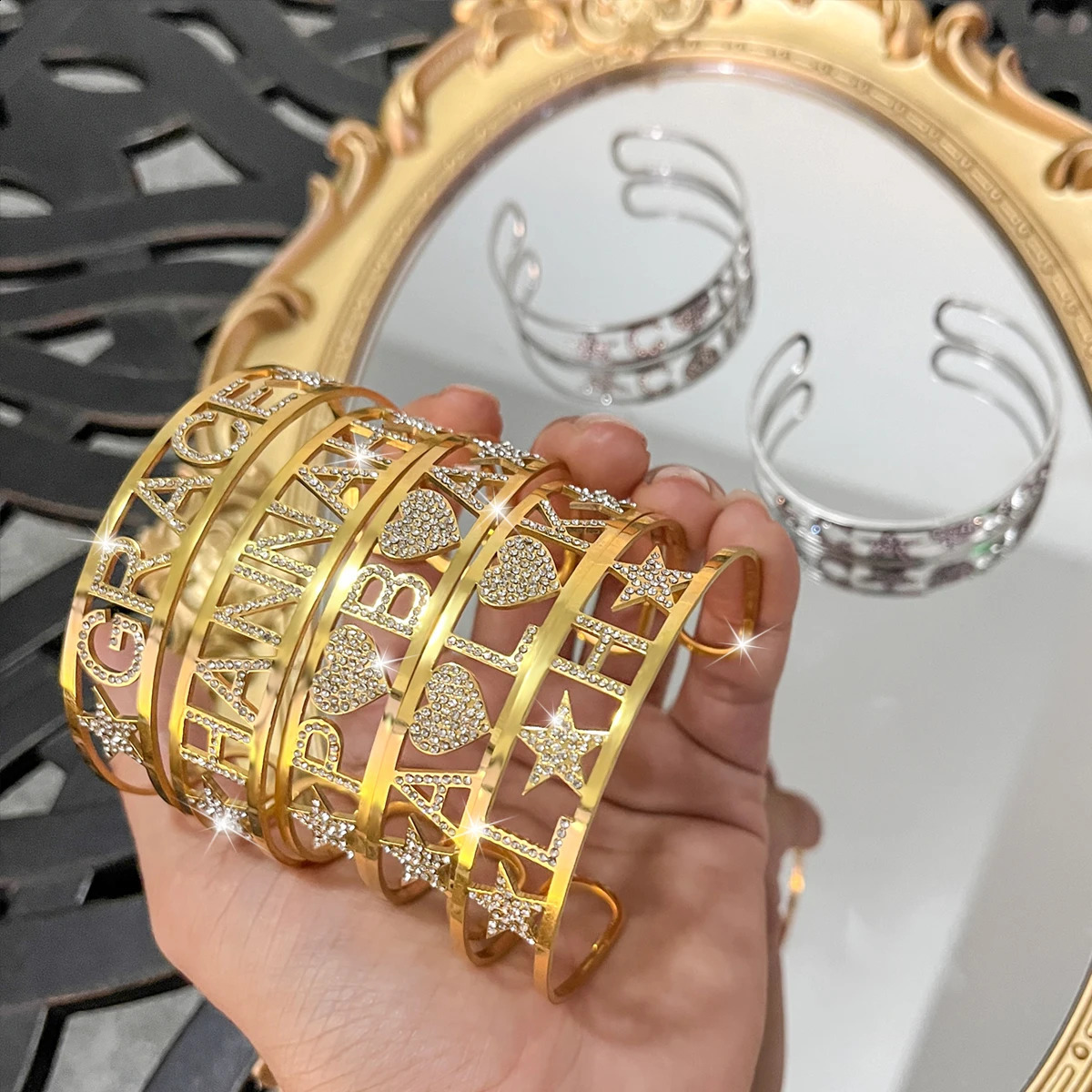ly customized stainless steel name bracelet zircon letter open adjustable all diamond 250410