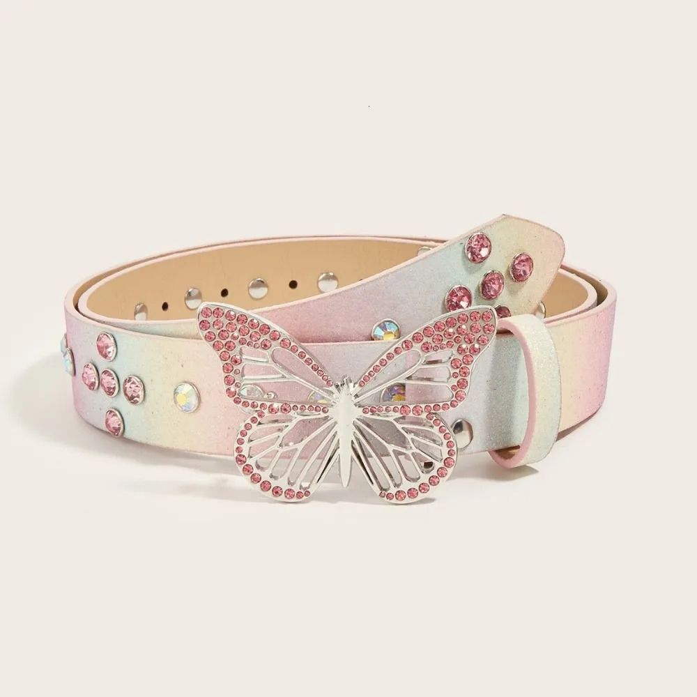 Womens Pink Rhinestone Butterfly Embellished Belt Matching Jeans Y2K Style Layered LR2058 251110