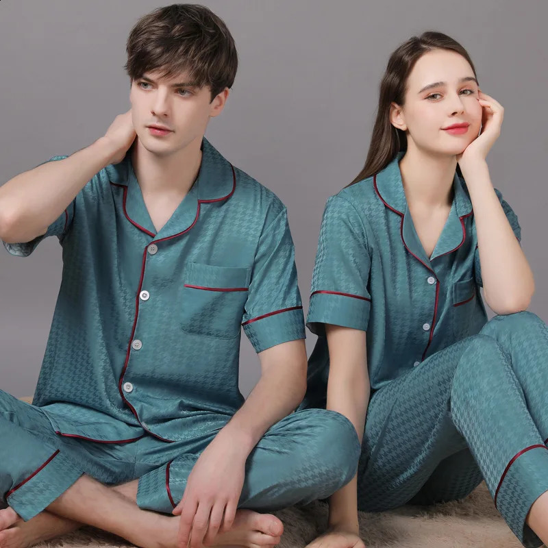 High quality couple pajamas set summer short sleeved pants home fabric mens ice silk thin satin oversized pajamas set womens 250408