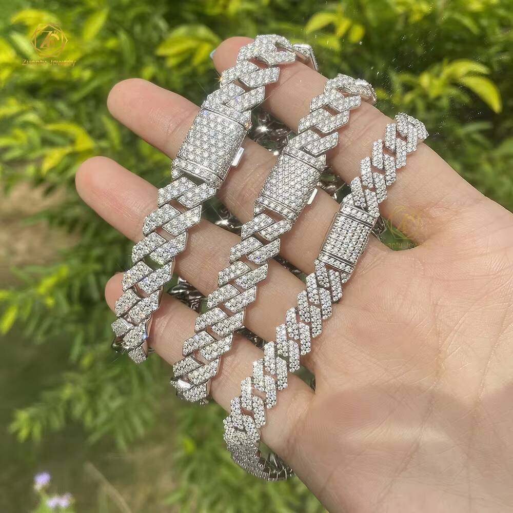 Factory Price 8mm 10mm 12mm Width 2 Rows 925 Solid Silver Iced Out Hip Hop Jewelry Moissanite Cuban Link Chain Bracelet for Men