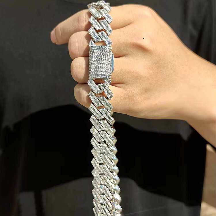 Fashion Customized Chain Gold Plated Sterling Silver Single Row baguette VVS Moissanite Diamond Cuban Chain Link for Hiphop Life