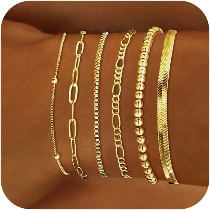 Womens Waterproof Gold Bracelet 14K Plated Jewelry Set Fashion ThinPaint Stackable Cuban Link Paper Clip Chain 250410