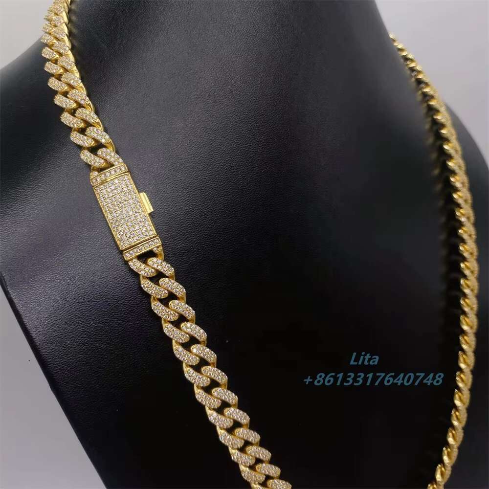 Hip Hop Fine Jewelry 10mm Moissanite 14k Gold Plated Cuban Link Chain Necklace Bracelet Cuban Diamond Chain for Men