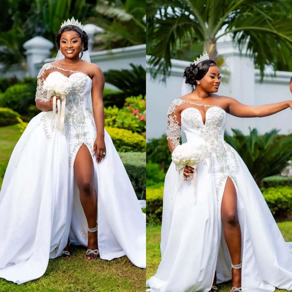 Sexy Plus Size A Line Wedding Dresses Beaded One Shoulder Long Sleeve Bride Dress Appliques High Splits Bridal Dress Customized