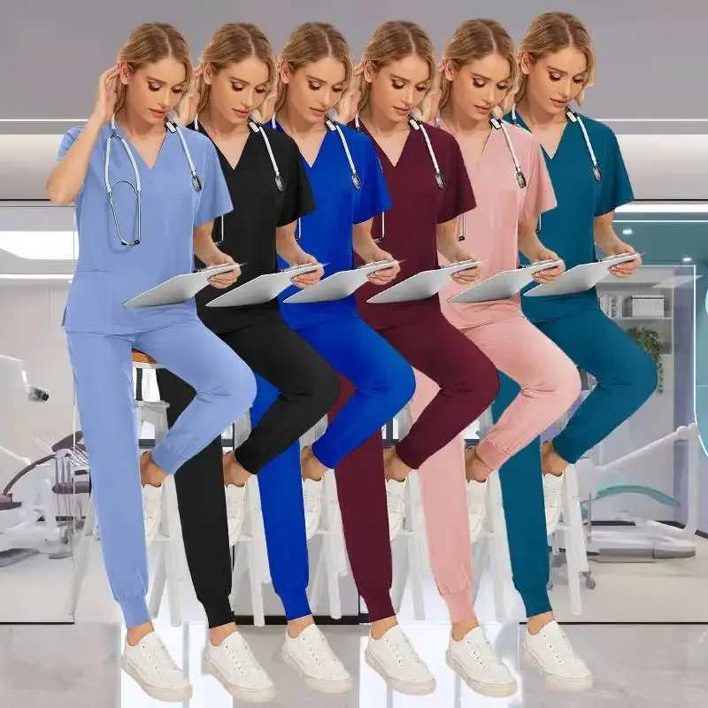Multi color jogging set doctors nursing uniform short Slve V-neck top pocket pants nurses washer set medical clinical clothing X2504104