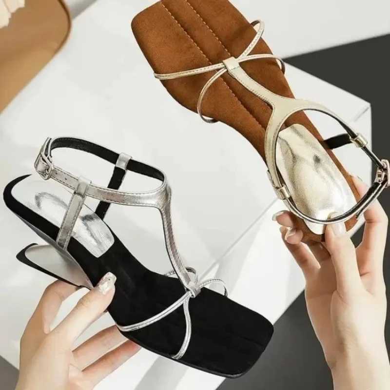 2024 summer genuine leather square toe clip sandals Fi high heels slider womens sandals wedding shoes brideXJ250410