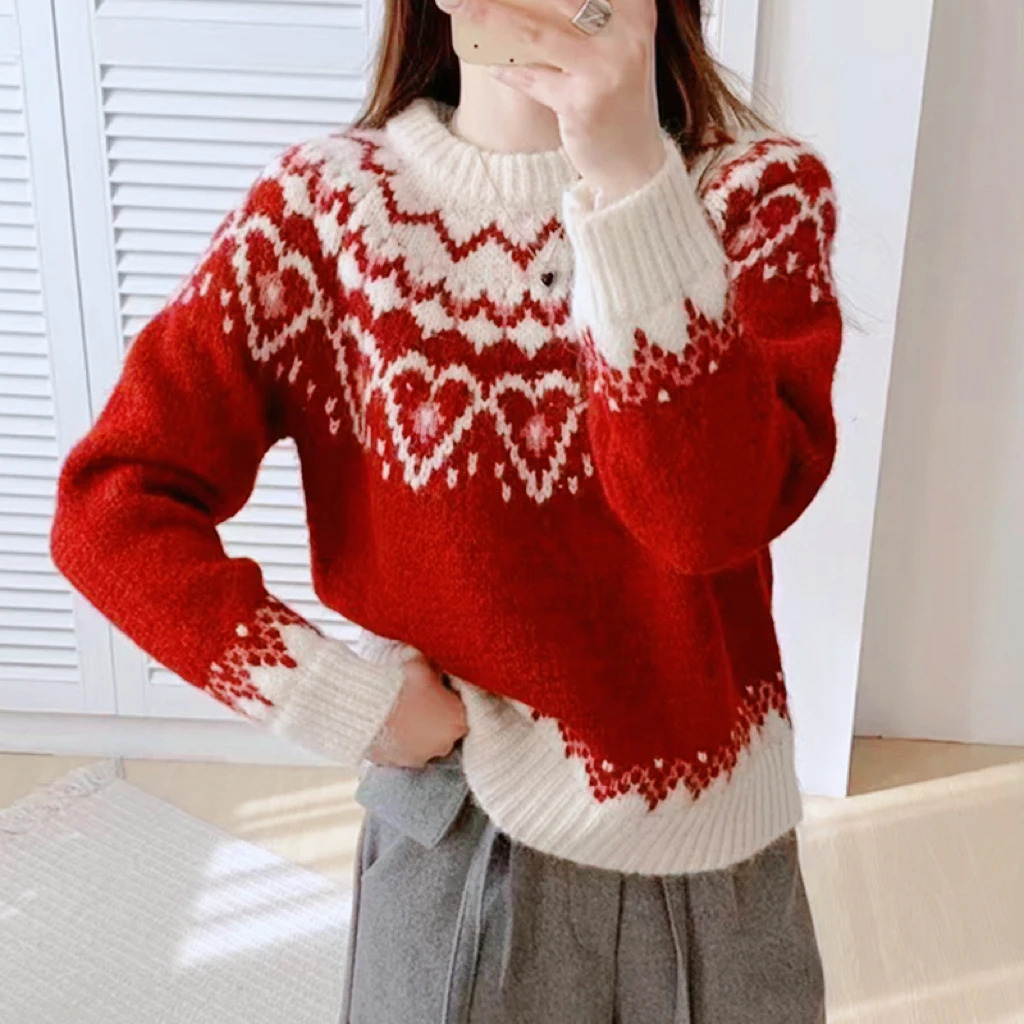 YuooMuoo Fashion Christmas Red Pullover Sweaters Women Autumn Winter Romantic Heart Knitted Fair Isle Sweaters Shirts 251106