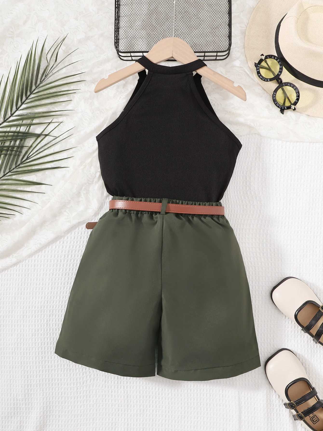 2Pcs girls camisole collar sleeveless top and waistband shorts set summer streetwear Par with pockets slight stretch and pullXJ250410