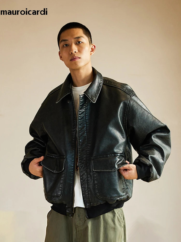 Mauroicardi Spring Cool Handsome Oversized Vintage Distressed Black Pu Leather Jacket Men Pockets Clothes 251105