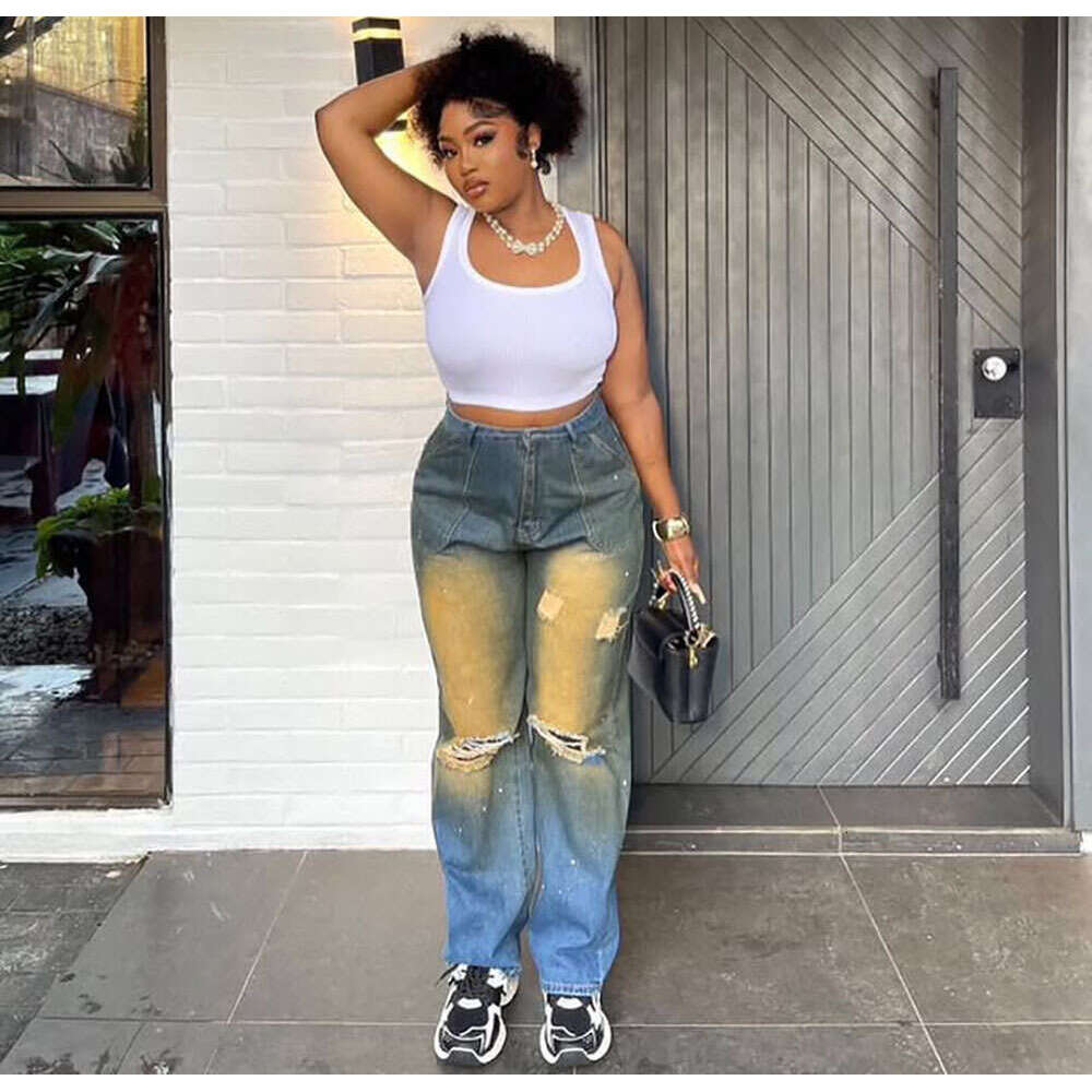 Women's Wear Women's Wear Women's Straight Leg Jeans, Women's Street Ripped Holes, Washing Water, Hanging Dyeing, Making Old Jeans