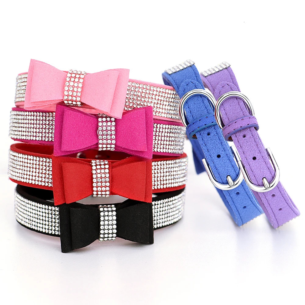 Small Medium Bling Rhinestone Suede Leather Bowknot Accessories Dog Collar Adjustable Pet Puppy Kitten Pug Necklace Collars 251104