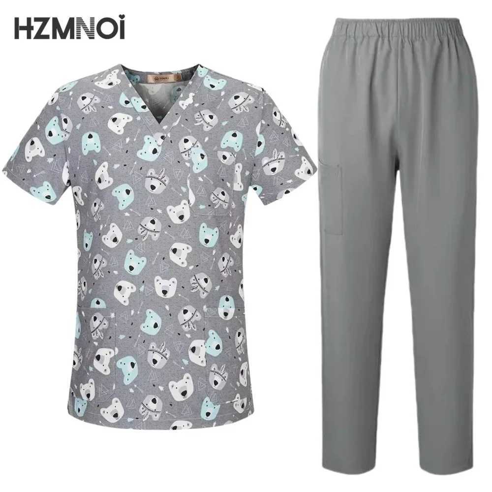 Surgical Uniforms Woman Printing Blouse Pockets Pants Medical Scrub Set Beauty Sn Workwear Clinical Scrubs Top+Pants Spa Suit X250410