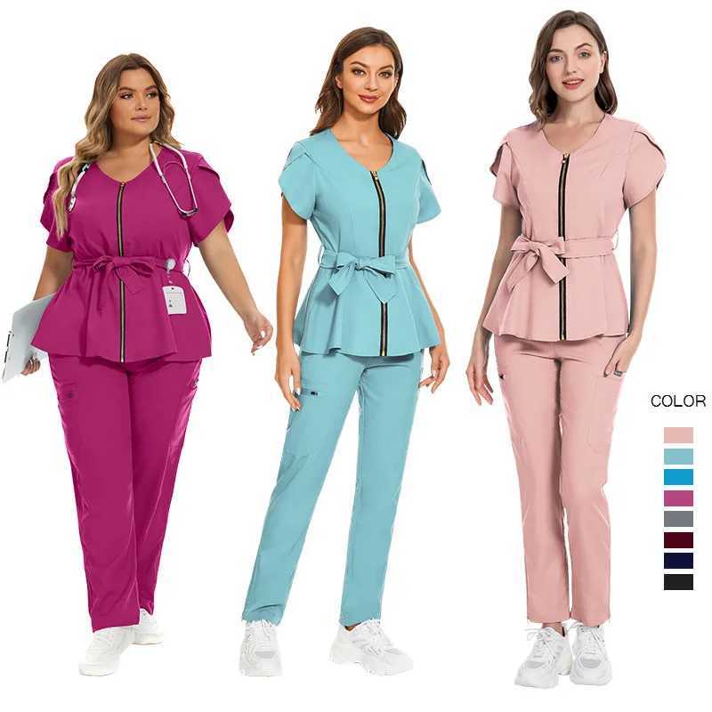 Womens Scrubs Set Zipper Collar Beauty Clothing High Quality Anti Wrinkle Medical Uniform Soft Comfortable Fashionable Nurse Work Clothes X250410
